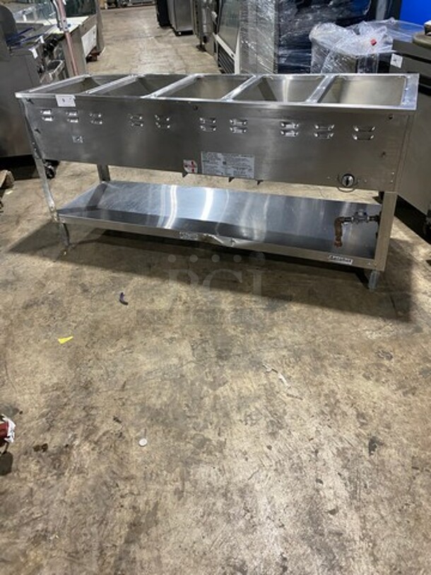 Duke Commercial Natural Gas Powered 5 Well Steam Table! With Storage Space Underneath! All Stainless Steel! On Legs! Model: WB305 SN: 05031704