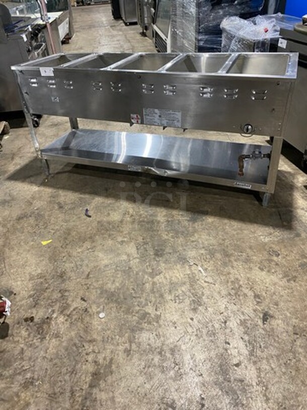 Duke Commercial Natural Gas Powered 5 Well Steam Table! With Storage Space Underneath! All Stainless Steel! On Legs! Model: WB305 SN: 05031704 - Image 1 of 9