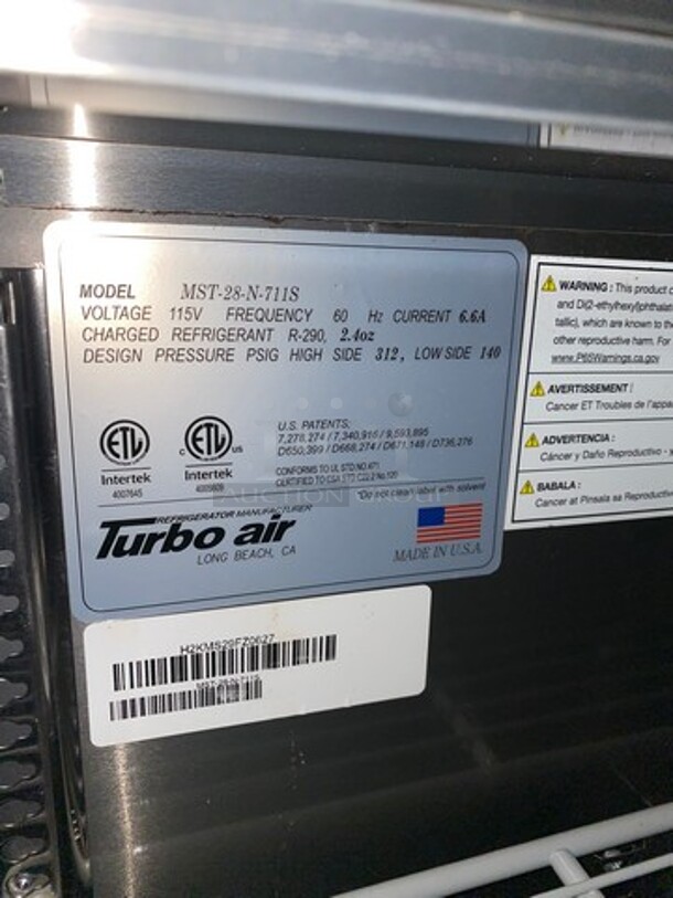 Turbo Air Commercial Refrigerated Salad Bar Island! Single Door Underneath Storage Space! All Stainless Steel! On Casters! Model: MST28N711S SN: H2KMS29FZ0627 115V - Image 7 of 12