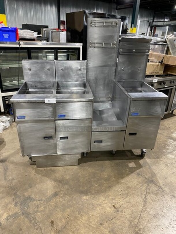 FAB! Pitco Frialator Commercial Natural Gas Powered 3 Bay Deep Fat Fryer! With Middle Fryer Basket Rack! With Oil Filter System! All Stainless Steel! On Casters! Model: SGH50 SN: G09DC011392
