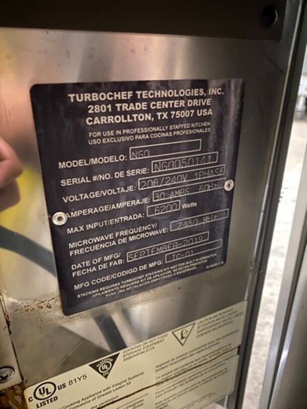 LATE MODEL! 2019 Turbo Chef Commercial Countertop Rapid Cook Oven! On Small Legs! Model: NGO SN: NGOD50141 208/240V 60HZ 1 Phase - Image 5 of 9