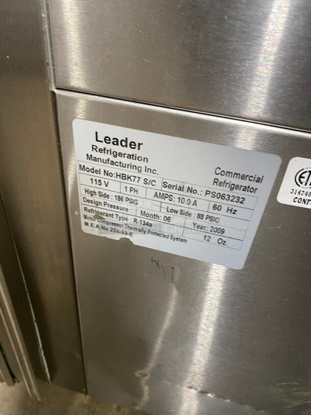 Leader Commercial Refrigerated Bakery/Deli Case! With Slanted Front Glass! With Sliding Rear Access Doors! All Stainless Steel Body! Model: HBK77 SN: PS063232 115V 60HZ 1 Phase - Image 7 of 8