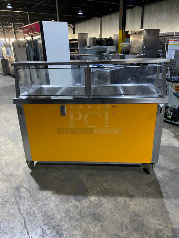 Serv-O-Lift Commercial Electric Powered 4 Bay Steam Table! With Sneeze Guard and Tray Slide! All Stainless Steel! On Casters! Model: 501-4 SN: 927279 208V 60HZ 1 Phase