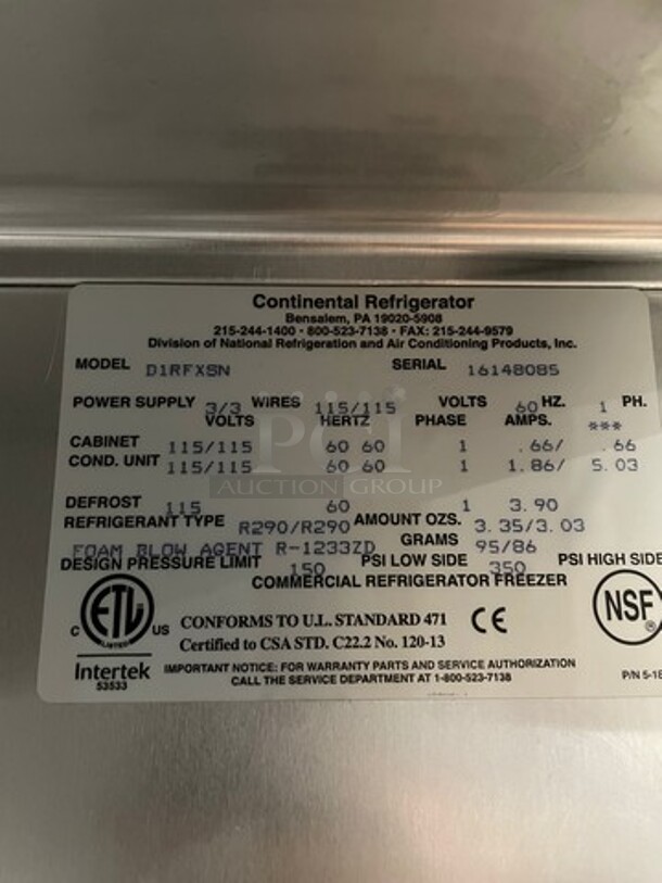 WOW! NEW! Continental 2 Door Half Cooler Half Freezer Combo Unit! With Racks! All Stainless Steel! On Casters! Model: D1RFXSN SN: 16148085 115V 60HZ 1 Phase - Image 8 of 10