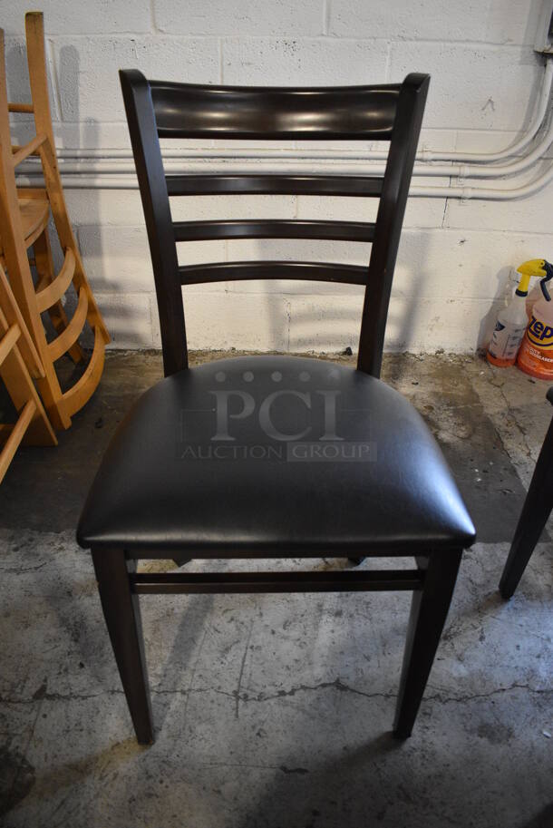 6 Dark Brown Wood Pattern Dining Chairs w/ Black Seat Cushion. 16x16x36. 6 Times Your Bid!