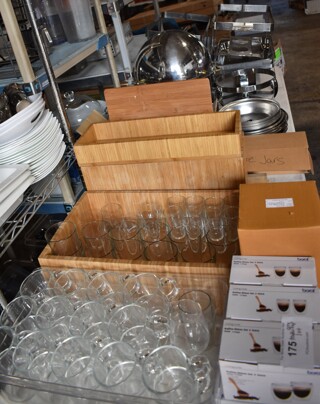 ALL ONE MONEY! Lot of Items on Tabletop Including Chafing Dish Frames, Metal Dome Lids, Glasses and Wooden Boxes.