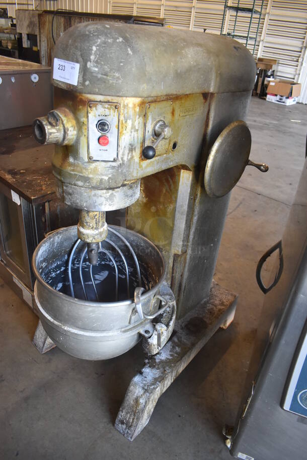 Hobart H-600 Metal Commercial Floor Style 60 Quart Planetary Dough Mixer w/ Stainless Steel Mixing Bowl, Dough Hook, Paddle and Balloon Whisk Attachments. 208 Volts, 1 Phase. 28x36x55 - Image 1 of 8