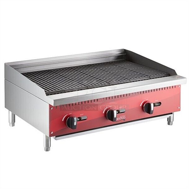 BRAND NEW IN BOX! Avantco AG36RC Stainless Steel Commercial Countertop Radiant Gas Powered Charbroiler Grill. 105,000 BTU. 36x29x14. Tested and Working!