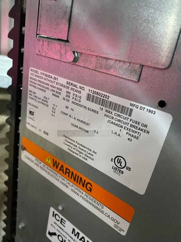 Manitowoc Commercial Ice Machine Head! Stainless Steel Body! Model: IYF0600A261 SN: 1120502202 208/230V 60HZ 1 Phase - Image 5 of 7