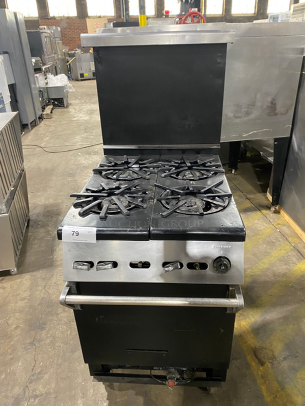 Commercial Natural Gas Powered 4 Burner Stove! With Raised Back Splash And Salamander Shelf! With Oven Underneath! All Stainless Steel! On Casters!