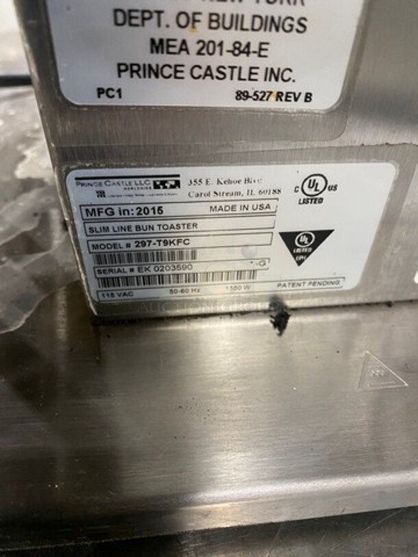Prince Castle Commercial Countertop Vertical Bun Toaster! All Stainless Steel! Model: 297T9KFC SN: EK0203590! 115V! - Image 7 of 8