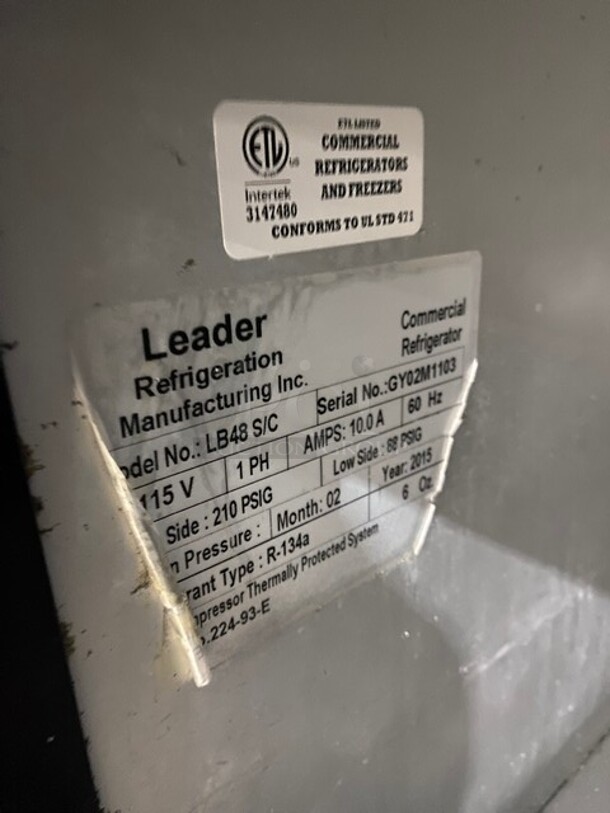 Leader Commercial Refrigerated 2 Door Lowboy! With Poly Coated Rack! All Stainless Steel! On Casters! MODEL LB48S/C SN: GY02M1103 115V 1PH - Image 7 of 8