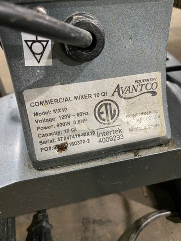 Avantco Commercial Countertop 10QT Planetary Mixer! With Bowl And Bowl Guard! With Spiral Hook, Whisk And Paddle Attachments! Model: MX10 SN: 47047416MX10 120V - Image 5 of 10