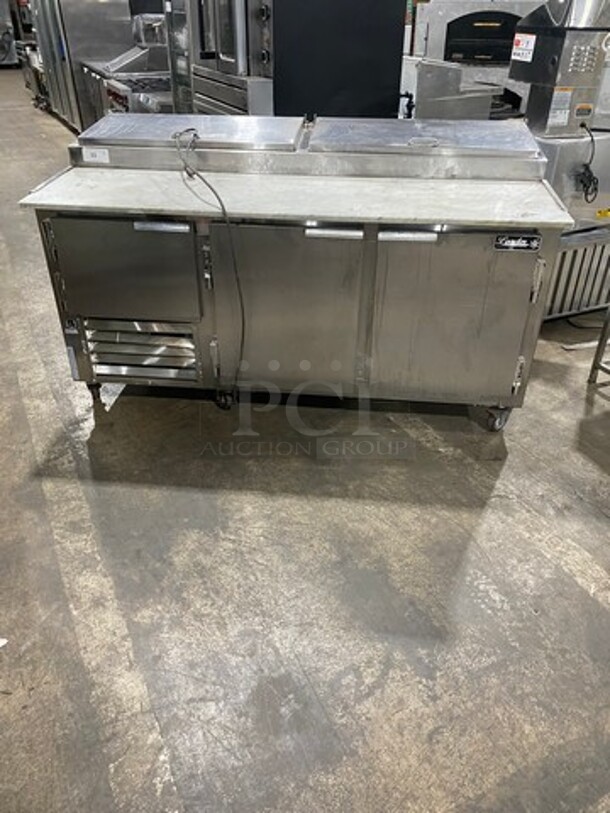 Leader Commercial Refrigerated Marble Top Pizza Prep Table! With 3 Door Underneath Storage Space! All Stainless Steel! On Casters! Model: PT72 SN: PT043536 115V 60HZ 1 Phase