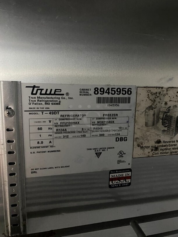 True Commercial 2 Door Half Cooler Half Freezer Combo Unit! With Poly Coated Racks! All Stainless Steel! MODEL T-49DT SN:8945956 115/208-230V 1PH - Image 7 of 9