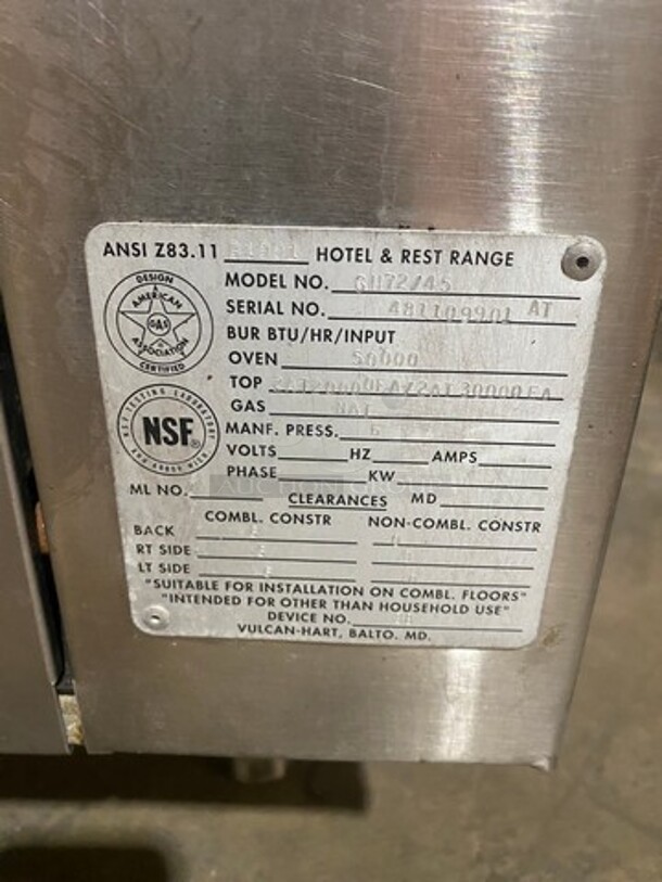 Vulcan Commercial Natural Gas Powered French Top/ Hot Plate Stove With Right Side 2 Burner! With Raised Back Splash! With Oven Underneath! All Stainless Steel! On Legs! Model: GH7245 SN: 481109901AT - Image 11 of 12