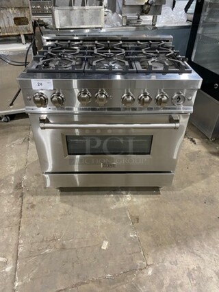 BEAUTIFUL! ZLINE Gas Powered 6 Burner Stove! With Oven Underneath! Stainless Steel!  On Legs! MODEL RG36 Serial G36GE21120491-03 120V/60Hz/