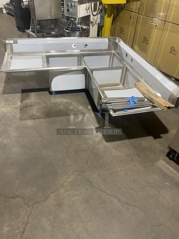 New! Never Used! Regency 3 Compartment Corner Style Dishwashing Sink! Dual Drain Board! NSF! Model 600S3242424C With Legs!