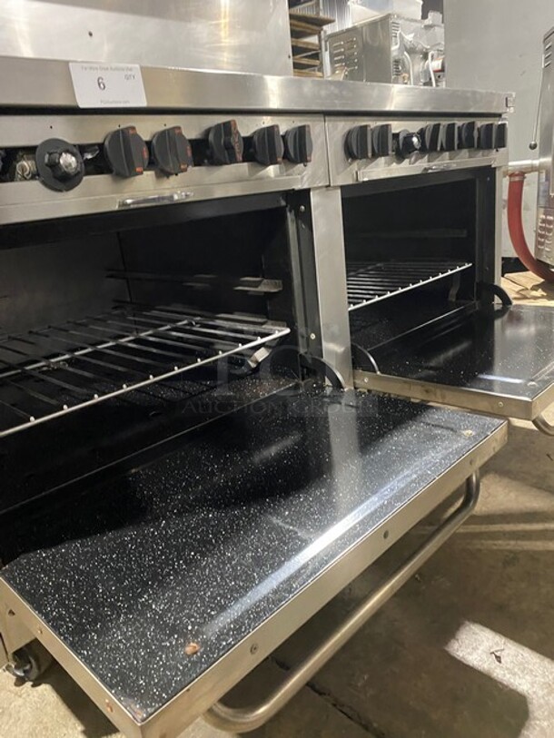 Southbend Commercial Natural Gas Powered 12 Burner Stove! With Raised Back Splash And Salamander Shelf! With 2 Full Size Oven Underneath! All Stainless Steel! On Casters! Working When Removed! - Image 7 of 10