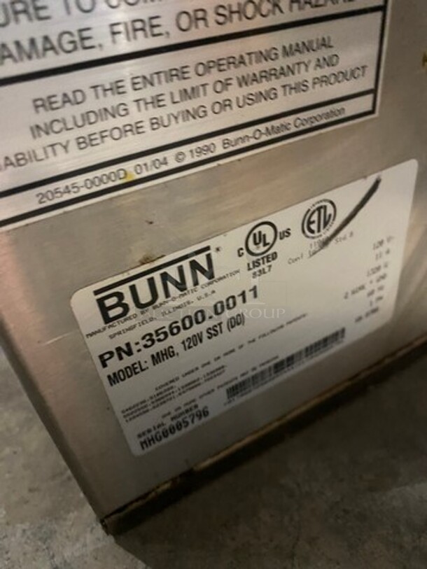 Bunn Commercial Countertop Dual Coffee Bean Grinder Machine! Stainless Steel Body! Model: MHG SN: MHG0005796 120V 60HZ 1 Phase - Image 5 of 8