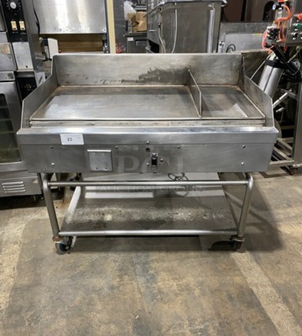 Woodstone Commercial Natural Gas Powered Flat Griddle! With Split Top! With Back & Side Splashes! On Equipment Stand! With Storage Space Underneath! All Stainless Steel! On Casters!