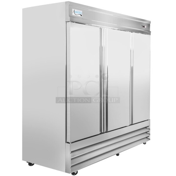 BRAND NEW SCRATCH AND DENT! 2023 Avantco 178SS3RHC Stainless Steel Commercial 3 Door Reach In Cooler Merchandiser w/ Poly Coated Racks on Commercial Casters. 115 Volts, 1 Phase. Tested and Working! - Image 1 of 7