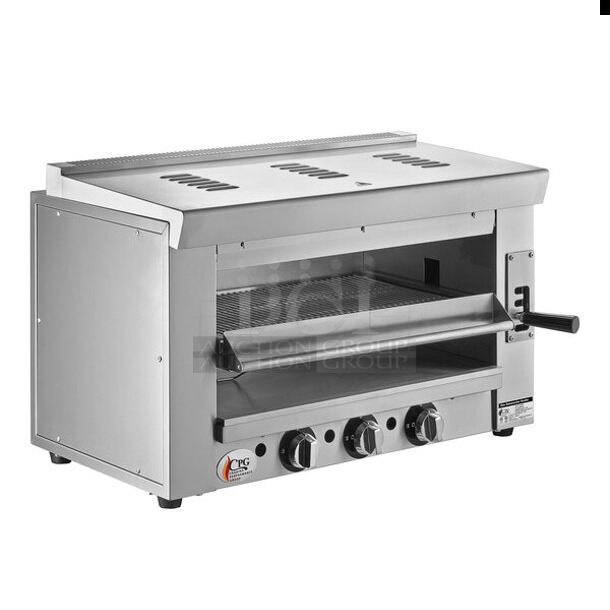 BRAND NEW SCRATCH AND DENT! Cooking Performance Group CPG 351S36SBL Stainless Steel Commercial Natural Gas Powered Salamander Broiler Cheese Melter. 36,000 BTU.