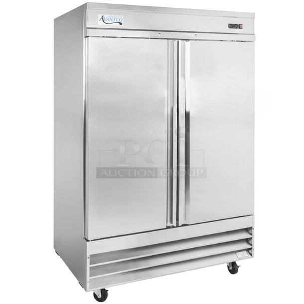 BRAND NEW SCRATCH AND DENT! 2023 Avantco 178SS2RHC Stainless Steel Commercial 2 Door Reach In Cooler w/ Poly Coated Racks on Commercial Casters. 115 Volts, 1 Phase. - Item #1098722