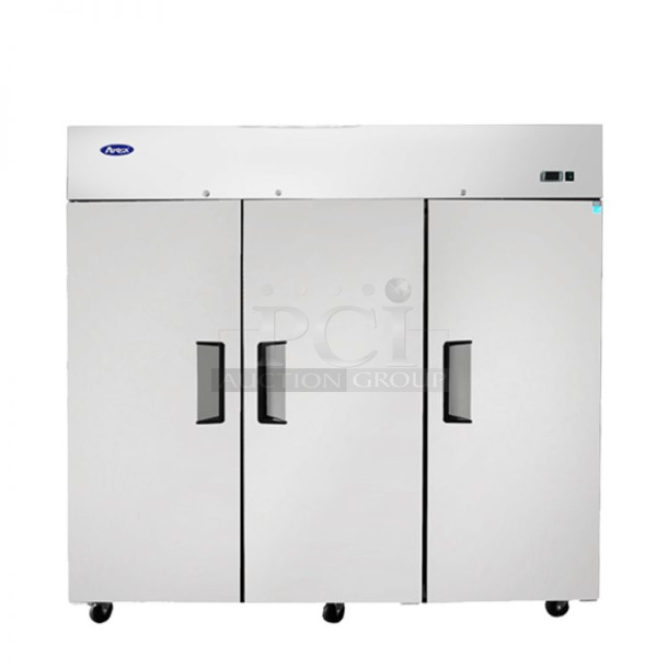 BRAND NEW! 2021 Atosa MBF8003GR Stainless Steel Commercial 3 Door Reach In Freezer w/ Poly Coated Racks on Commercial Casters. 115 Volts, 1 Phase. Cannot Test Due To Plug Style