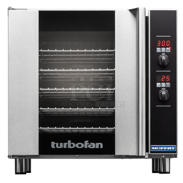 BRAND NEW SCRATCH AND DENT! 2023 Moffat Turbofan E32D5 Stainless Steel Commercial Electric Powered Full Size Digital Convection Oven with Steam Injection, View Through Door and Metal Oven Racks. 220-240 Volts, 1 Phase