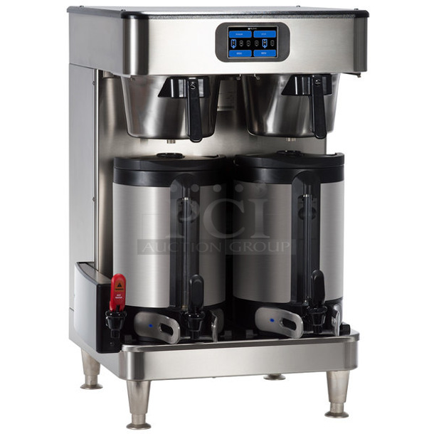 BRAND NEW! 2022 Bunn ICB TWIN SH ENERGY STAR Stainless Steel Commercial Countertop Double Coffee Machine w/ Hot Water Dispenser, 2 Poly Brew Baskets and 2 Servers. 120/240 Volts, 1 Phase. 