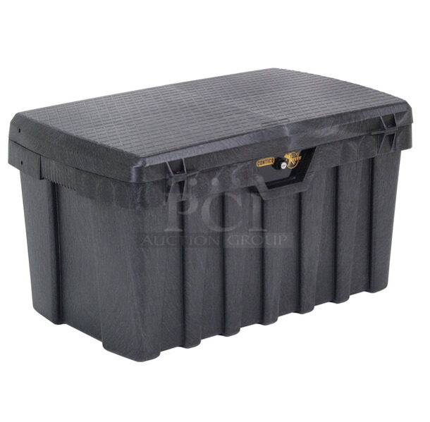 BRAND NEW SCRATCH AND DENT! Contico Xtreme Tuff 3725 Pro TuffBin 36 3/4" x 22 3/4" x 20 1/4" 50 Gallon Black Polypropylene Toolbox with Keyed Lock. See Pictures for Side Damage.  - Image 1 of 5