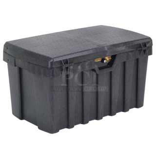 BRAND NEW SCRATCH AND DENT! Contico Xtreme Tuff 3725 Pro TuffBin 36 3/4" x 22 3/4" x 20 1/4" 50 Gallon Black Polypropylene Toolbox with Keyed Lock. See Pictures for Side Damage. 