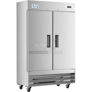BRAND NEW SCRATCH AND DENT! 2023 Avantco 178A49FHC Stainless Steel Commercial 2 Door Reach In Freezer w/ Poly Coated Racks on Commercial Casters. 115 Volts, 1 Phase. Tested and Does Not Power On