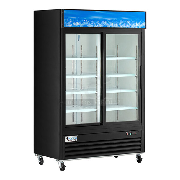 BRAND NEW SCRATCH AND DENT! 2023 Avantco 178GDS47HCB Metal Commercial 2 Door Reach In Cooler Merchandiser w/ Poly Coated Racks on Commercial Casters. 120 Volts, 1 Phase. Tested and Working! - Image 1 of 7