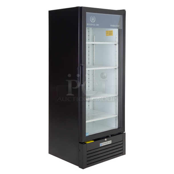 BRAND NEW SCRATCH AND DENT! Beverage Air MT12-1MT12-1 ENERGY STAR Metal Commercial 25" Marketeer Series Black Single Door Reach In Refrigerated Glass Door Cooler Merchandiser with LED Lighting. 115 Volts, 1 Phase. Tested and Working! - Image 1 of 4