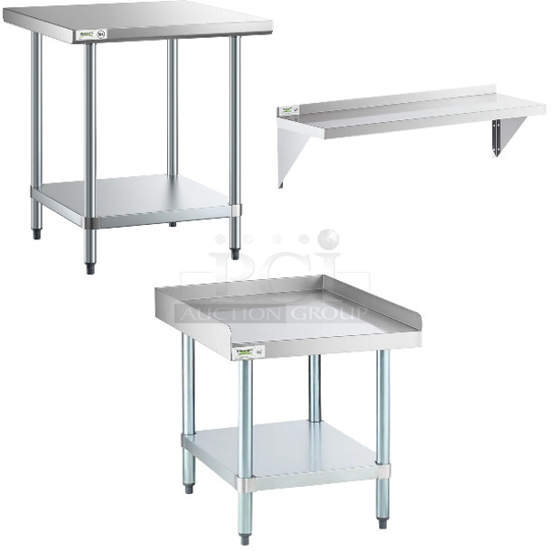 3 BRAND NEW SCRATCH AND DENT! Items; Regency 600T3030G 30" x 30" 18-Gauge 304 Stainless Steel Commercial Work Table with Galvanized Legs and Undershelf, Regency 600WS1248HD 16 Gauge Stainless Steel 12" x 48" Heavy Duty Solid Wall Shelf, 600ES3024G 30" x 24" 16-Gauge Stainless Steel Equipment Stand with Galvanized Undershelf. 3 Times Your Bid! May Be Missing Pieces.  - Image 1 of 4