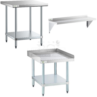 3 BRAND NEW SCRATCH AND DENT! Items; Regency 600T3030G 30" x 30" 18-Gauge 304 Stainless Steel Commercial Work Table with Galvanized Legs and Undershelf, Regency 600WS1248HD 16 Gauge Stainless Steel 12" x 48" Heavy Duty Solid Wall Shelf, 600ES3024G 30" x 24" 16-Gauge Stainless Steel Equipment Stand with Galvanized Undershelf. 3 Times Your Bid! May Be Missing Pieces. 
