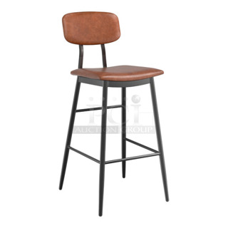 6 BRAND NEW SCRATCH AND DENT! Lancaster Table & Seating 164MCMCGRST Mid-Century Black Barstool with Cognac Vinyl Padded Seat and Backrest. 6 Times Your Bid!