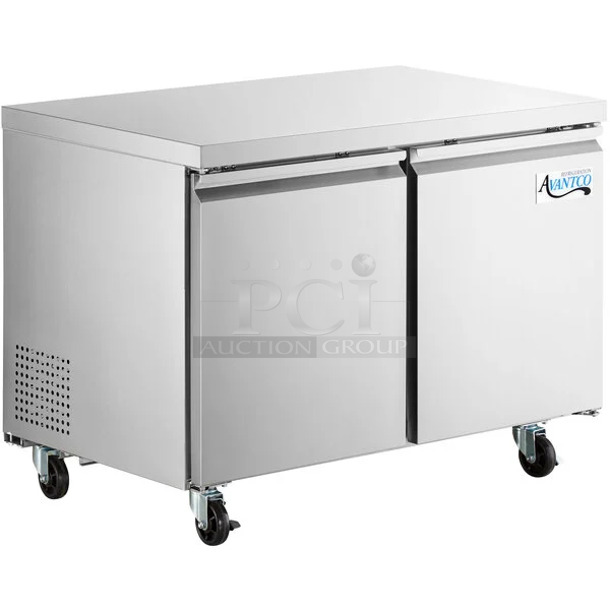 BRAND NEW SCRATCH AND DENT! 2023 Avantco 178SSUC48FHC Stainless Steel Commercial 2 Door Undercounter Freezer. Front 2 Legs are Missing. 115 Volts, 1 Phase. Tested and Working! - Image 1 of 5