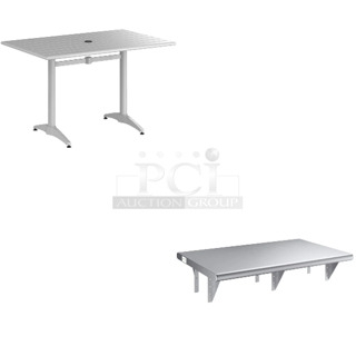 2 BRAND NEW SCRATCH AND DENT! 427CAU3248SL Lancaster Table & Seating 32" x 48" Silver Powder-Coated Aluminum Dining Height Outdoor Table with Umbrella Hole and Regency 600PTS2436 16-Gauge Type 304 Stainless Steel Pass-Through Shelf - 24" x 36". 2 Times Your Bid! May Be Missing Pieces. 