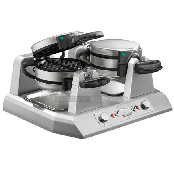 BRAND NEW SCRATCH AND DENT! 2022 Waring WW300BX Stainless Steel Non-Stick Quad Belgian Waffle Iron / Maker. 208 Volts, 1 Phase.  - Image 1 of 7