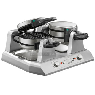 BRAND NEW SCRATCH AND DENT! 2022 Waring WW300BX Stainless Steel Non-Stick Quad Belgian Waffle Iron / Maker. 208 Volts, 1 Phase. 