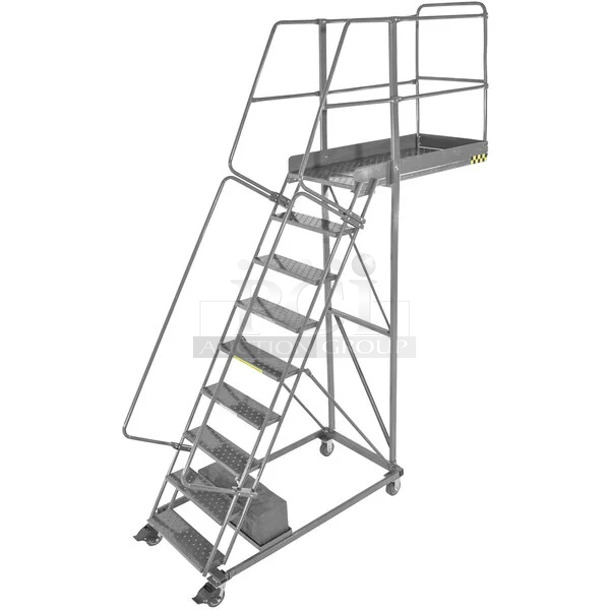 BRAND NEW SCRATCH AND DENT! Ballymore 324CL914 CL-9-14 Perforated 9-Step Heavy-Duty Steel Rolling Cantilever Ladder with 90" Platform Height, 14" Overhang, and 87" Vertical Clearance. May Be Missing Pieces.  - Image 1 of 7