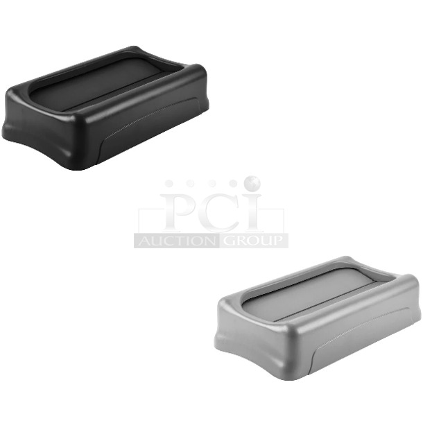 3 Boxes of 4 BRAND NEW SCRATCH AND DENT! Items; 1 Box Rubbermaid FG267360BLA Slim Jim Black Drop Shot Rectangular Trash Can Lid, 2 Box Rubbermaid FG267360GRAY Slim Jim Gray Drop Shot Rectangular Trash Can Lid. 3 Times Your Bid!  - Image 1 of 5