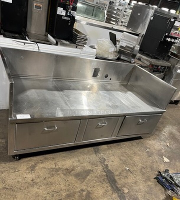 Custom Made Commercial Work Top Table/ Equipment Stand! With Raised Back And Side Splashes! With Drawer Storage Space Underneath! All Stainless Steel! On Casters! - Image 1 of 6