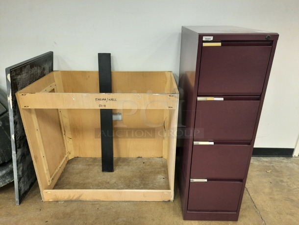 Filing Cabinet in Maroon and Wooden Unit and Black Slabe.
15X28X49.5 and 40X23X35. 2 Times Your Bid! (Main Building)  - Image 1 of 5