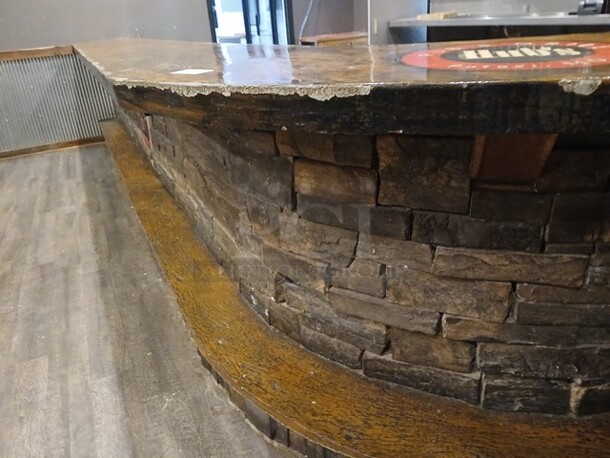 Bar (Concrete Poured Top), with Decorative Stone Front Face. Business Emblem on Front Face Not Included, All Other Components of Bar Included. Top, Front Face, Foot Rail.  
BUYER REMOVAL, CONTACT MISSOURI DIVISION FOR ADDITIONAL QUESTIONS. - Image 2 of 2