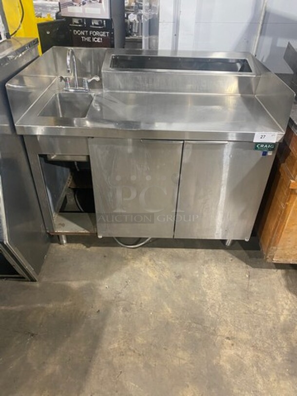 Craig Commercial Custom-Made Workstation! With Built In Hand Sink! With Faucet And Handles! With Topping Rail! With Back And Side Splashes! With 2 Door Storage Space Underneath! All Stainless Steel! On Legs!