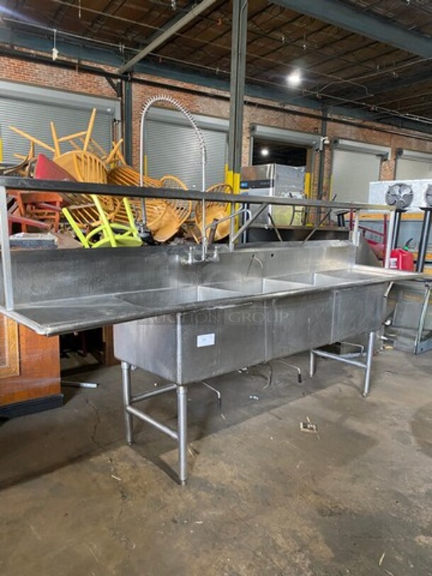 Commercial 3 Compartment Dish Washing Sink! With Overhead Shelf! With Jet Spray Assembly! With Dual Side Drain Board! With Back Splash! All Stainless Steel! On Legs! - Image 9 of 9